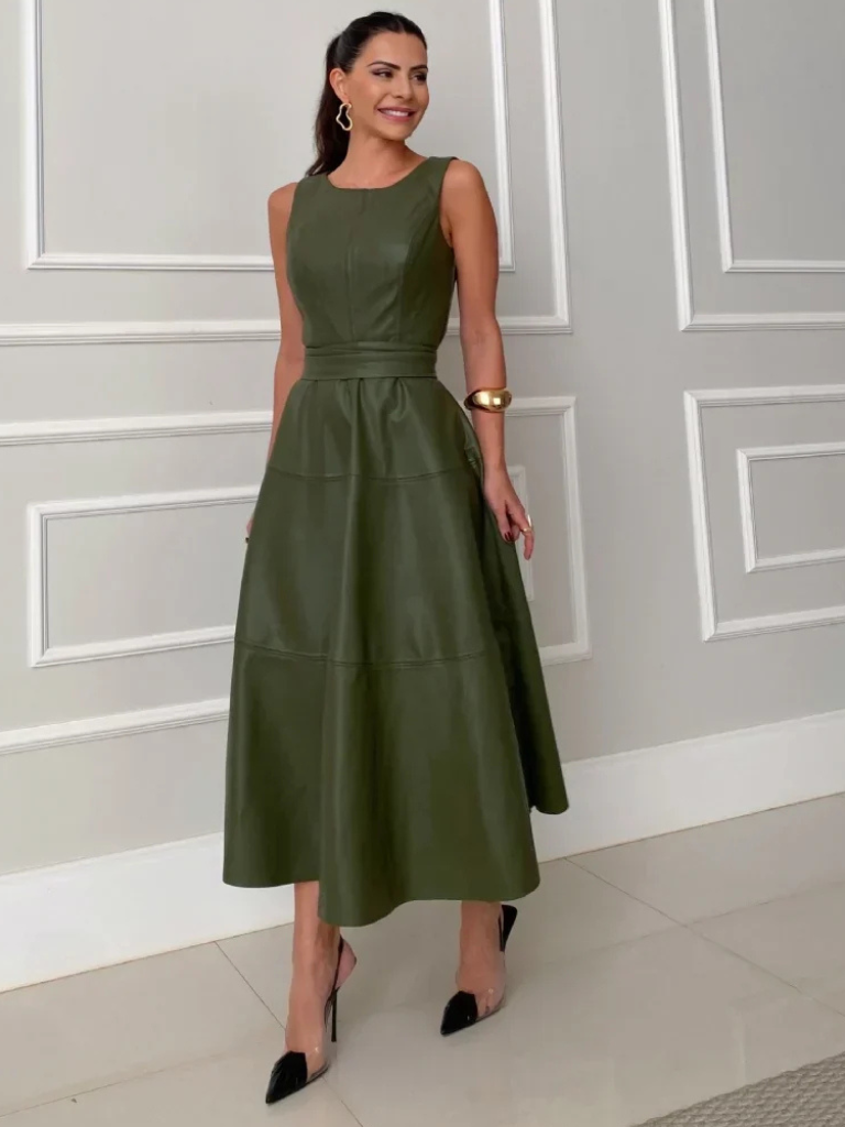 Midi dress for women with sleeveless round neck and A-line skirt