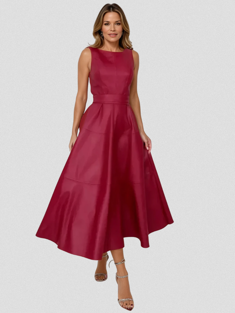 Midi dress for women with sleeveless round neck and A-line skirt