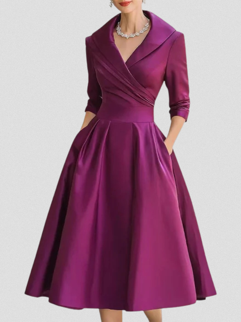 Wedding guest dress for women with wrap front and 3/4 sleeves