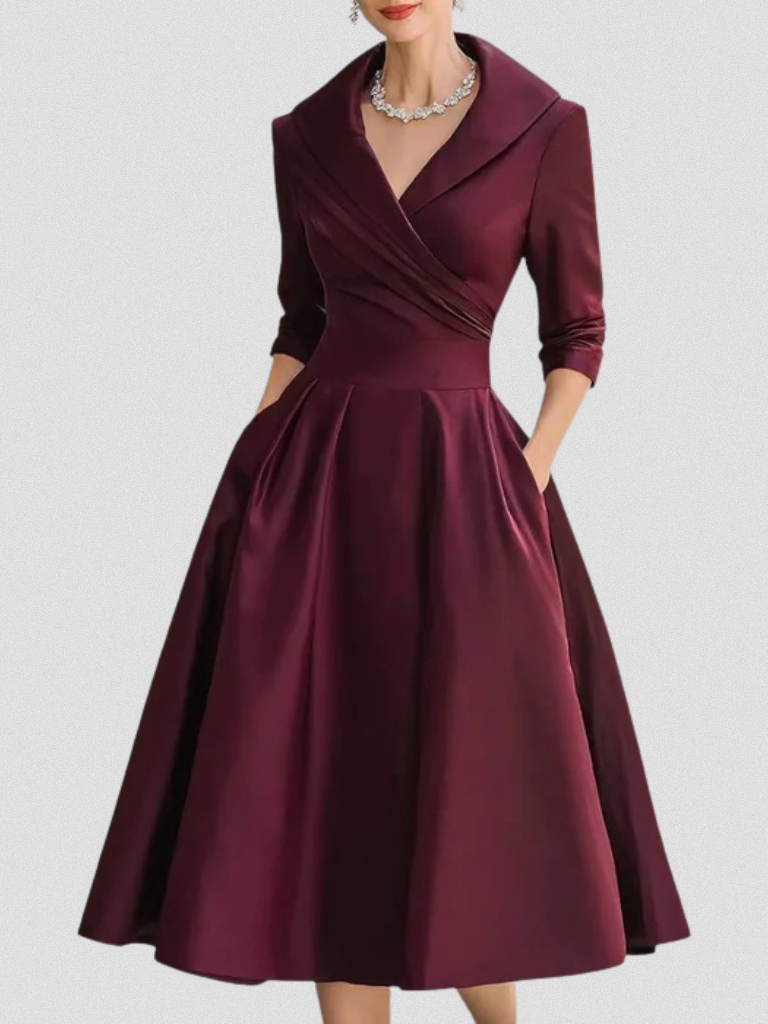 Wedding guest dress for women with wrap front and 3/4 sleeves