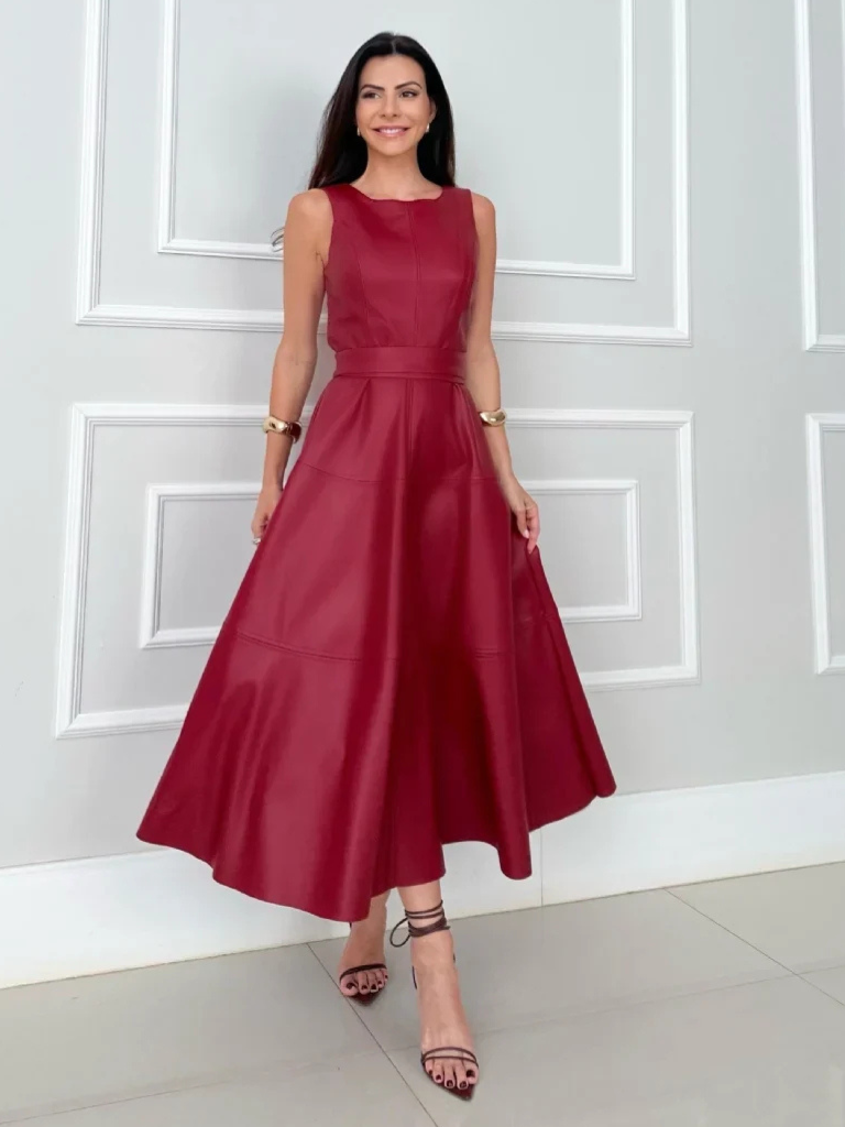 Midi dress for women with sleeveless round neck and A-line skirt