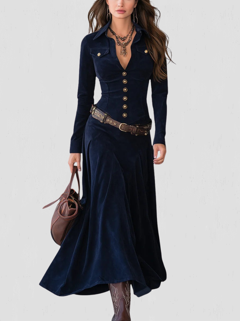 Button front maxi dresses for women with long sleeves and collar