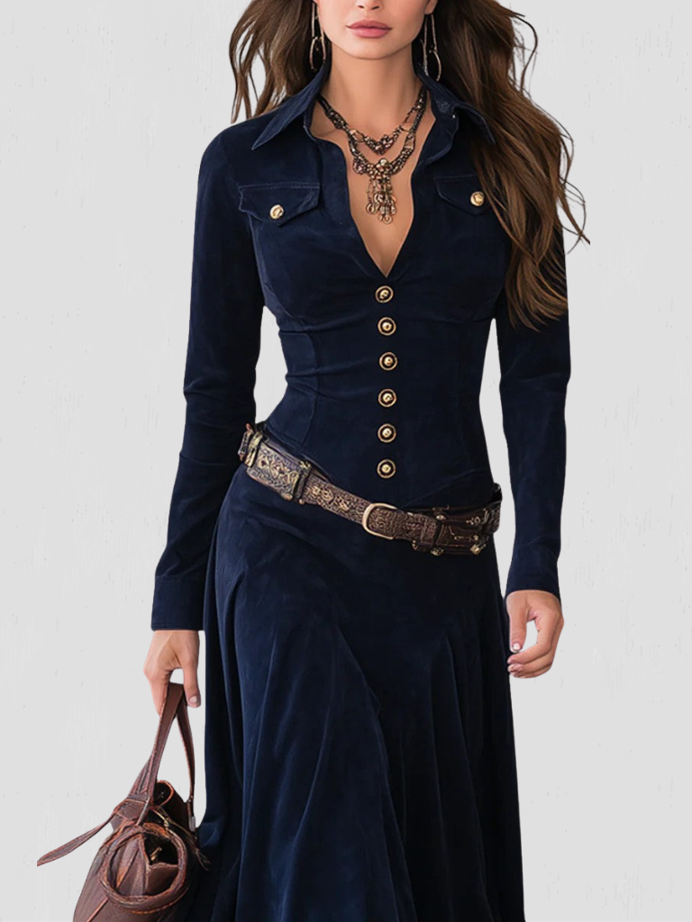 Button front maxi dresses for women with long sleeves and collar