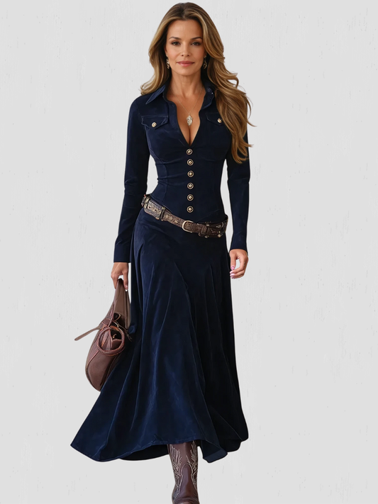 Button front maxi dresses for women with long sleeves and collar