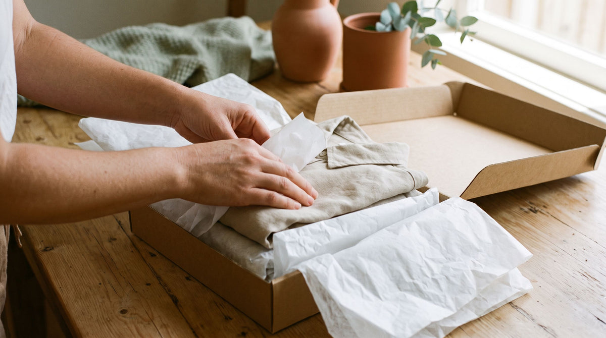 Hands folding a shirt into tissue paper inside a plain box