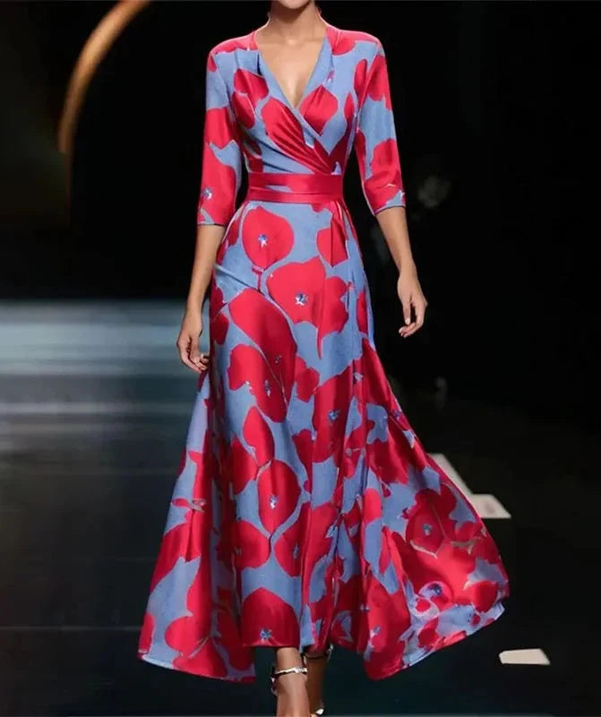 Maxi dresses for women with v-neck and three quarter sleeves