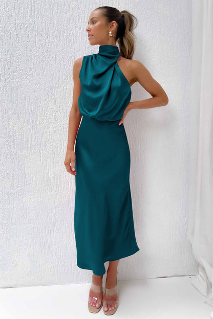 Halter neck formal dresses for women with a midi length and satin finish