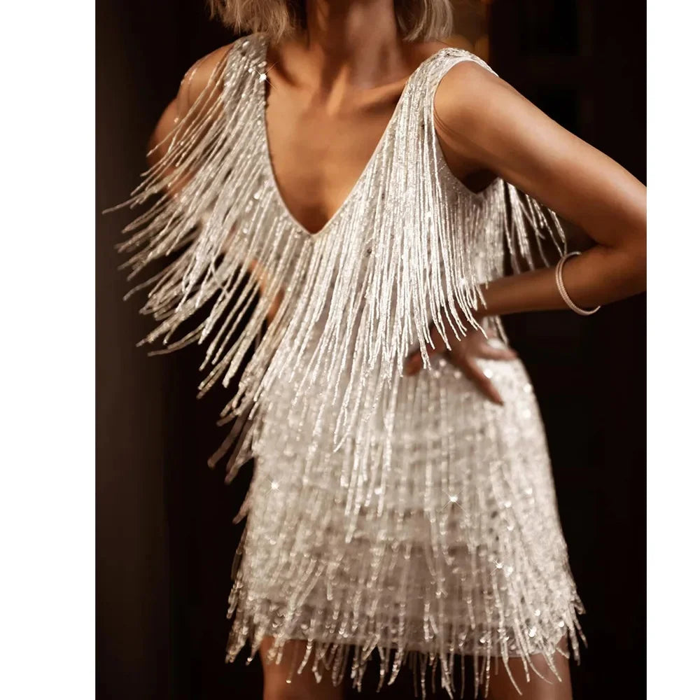 Cocktail dresses with sequin fringe and V-neck for women