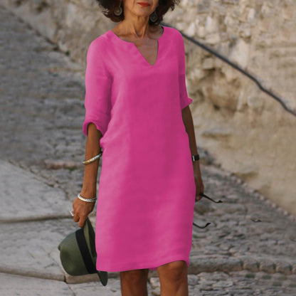 Summer dresses for women, knee length v-neck dress with roll up sleeves