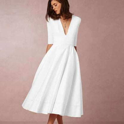 A-line midi dress with deep v-neck and 3/4 sleeves for women