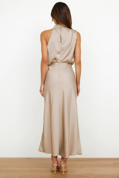 Halter neck formal dresses for women with a midi length and satin finish