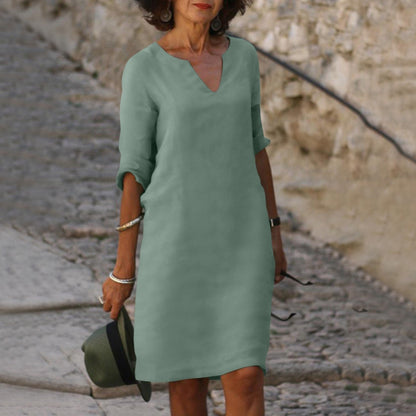 Summer dresses for women, knee length v-neck dress with roll up sleeves