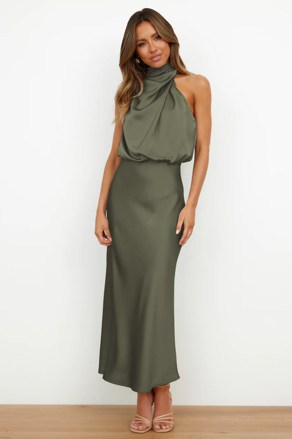 Halter neck formal dresses for women with a midi length and satin finish