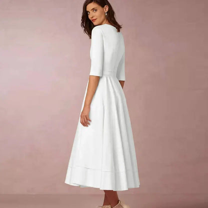 A-line midi dress with deep v-neck and 3/4 sleeves for women