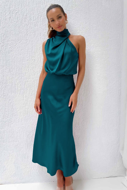 Halter neck formal dresses for women with a midi length and satin finish
