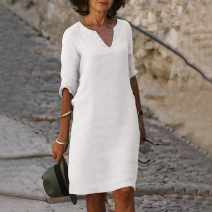 Summer dresses for women, knee length v-neck dress with roll up sleeves