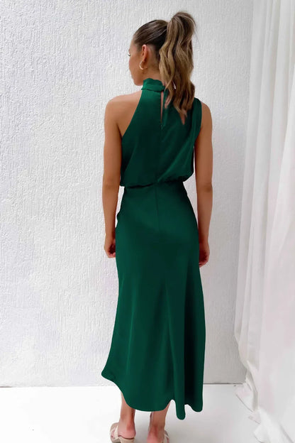 Halter neck formal dresses for women with a midi length and satin finish