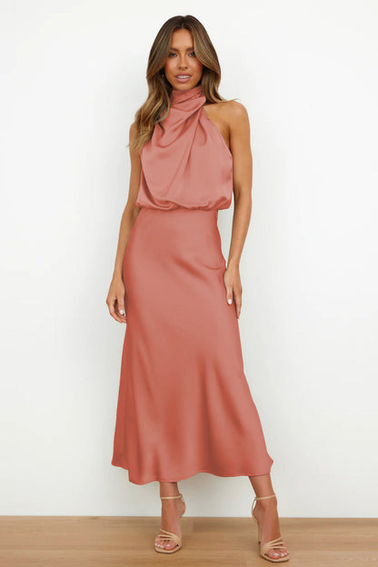 Halter neck formal dresses for women with a midi length and satin finish