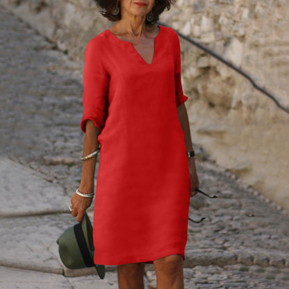 Summer dresses for women, knee length v-neck dress with roll up sleeves