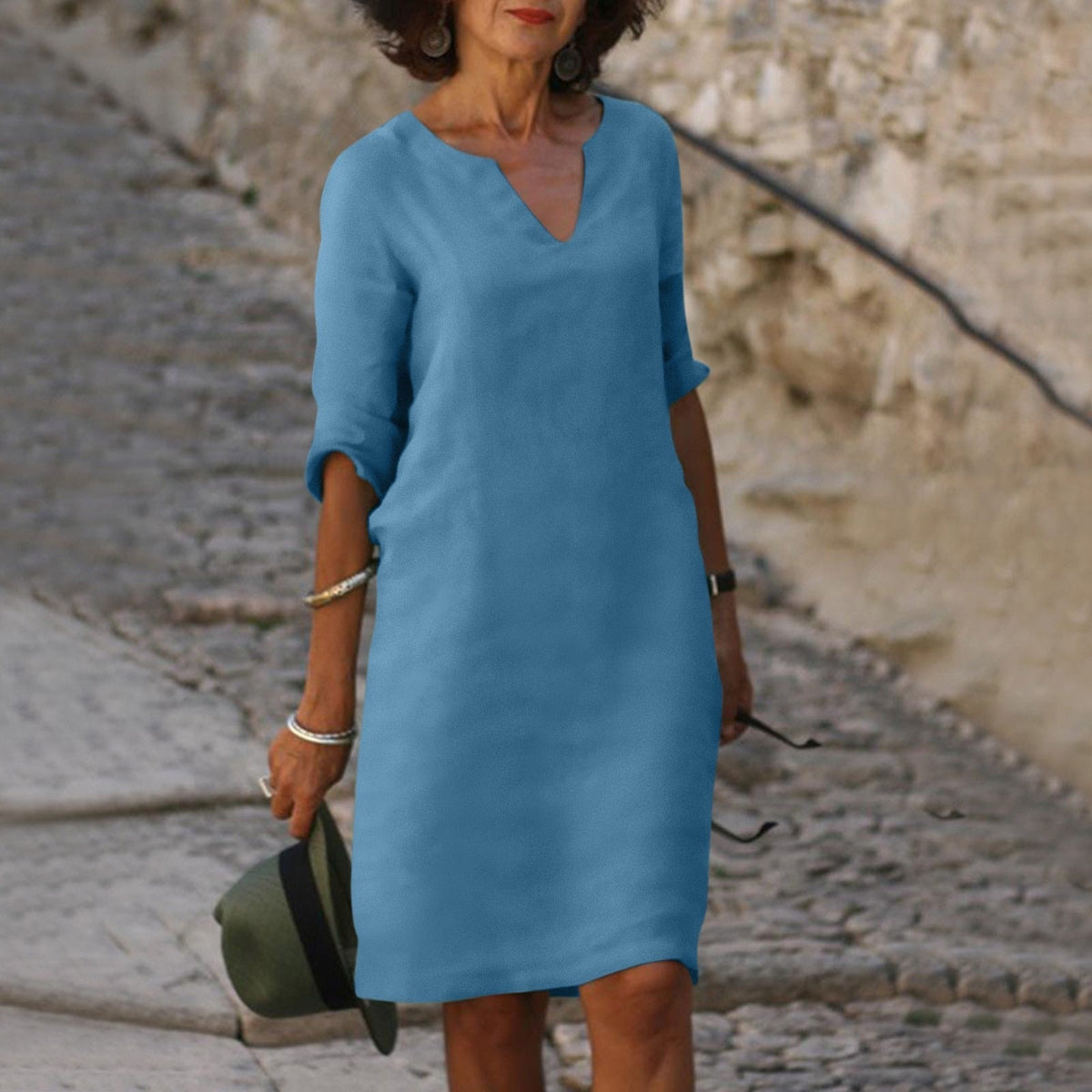 Summer dresses for women, knee length v-neck dress with roll up sleeves
