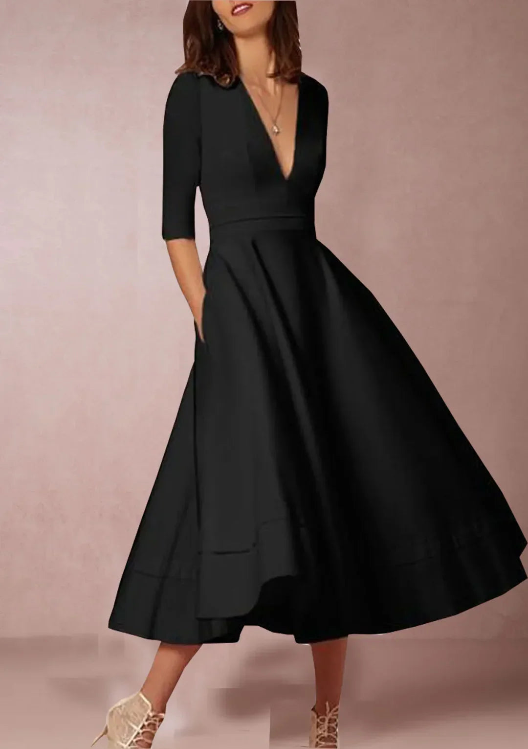 A-line midi dress with deep v-neck and 3/4 sleeves for women