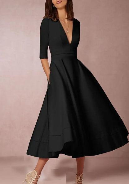 A-line midi dress with deep v-neck and 3/4 sleeves for women