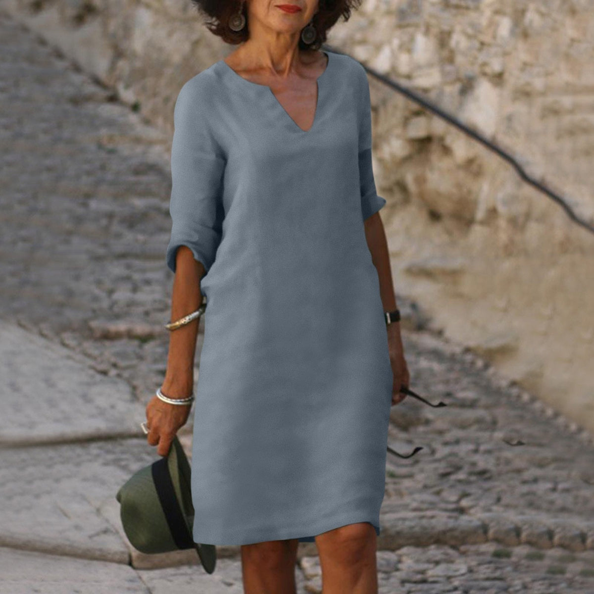 Summer dresses for women, knee length v-neck dress with roll up sleeves