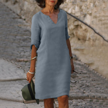 Summer dresses for women, knee length v-neck dress with roll up sleeves