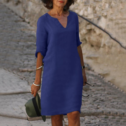 Summer dresses for women, knee length v-neck dress with roll up sleeves