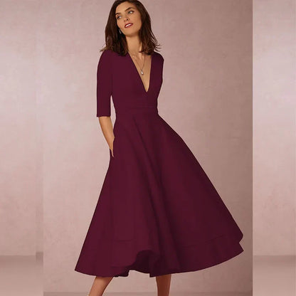 A-line midi dress with deep v-neck and 3/4 sleeves for women