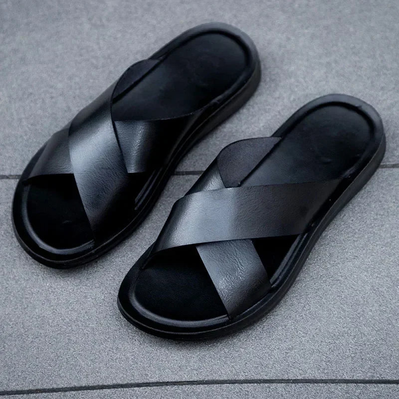 Cross strap slides for men with slip on design and flexible sole