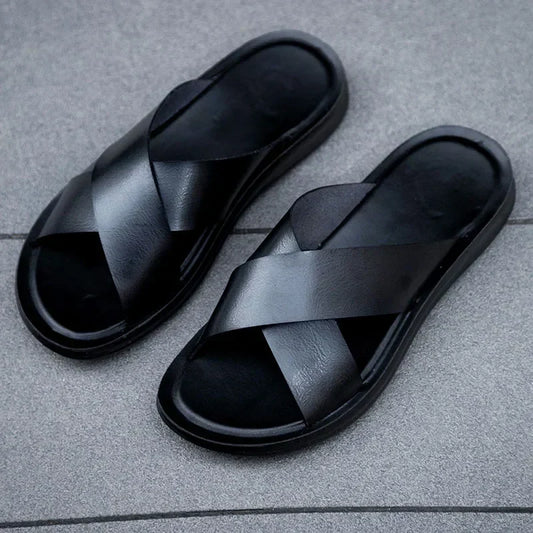 Cross strap slides for men with slip on design and flexible sole