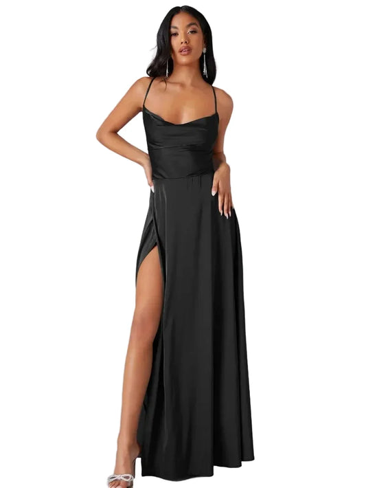 Formal dresses for women with cowl neck, spaghetti straps and open lace-up back
