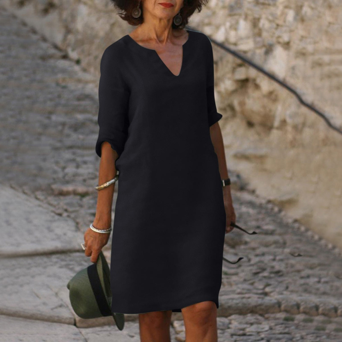 Summer dresses for women, knee length v-neck dress with roll up sleeves