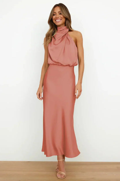 Halter neck formal dresses for women with a midi length and satin finish