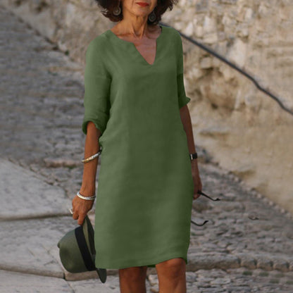 Summer dresses for women, knee length v-neck dress with roll up sleeves