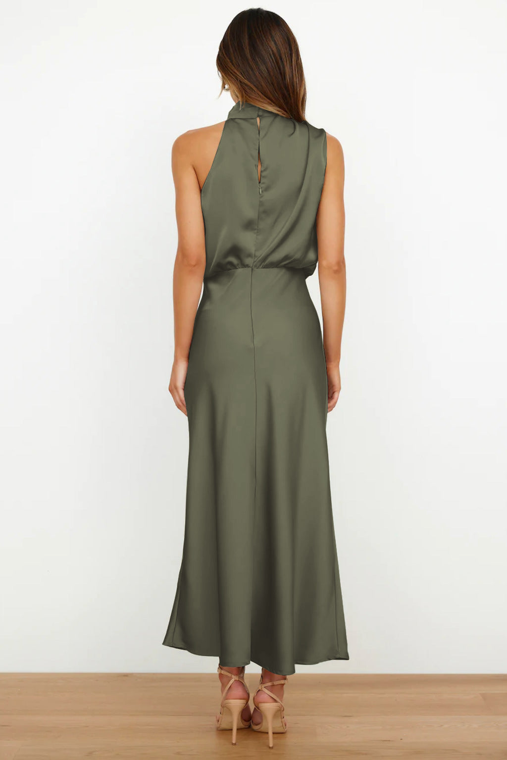 Halter neck formal dresses for women with a midi length and satin finish