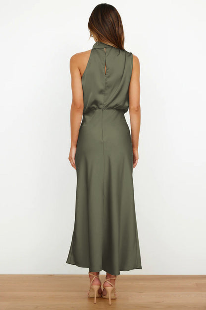 Halter neck formal dresses for women with a midi length and satin finish