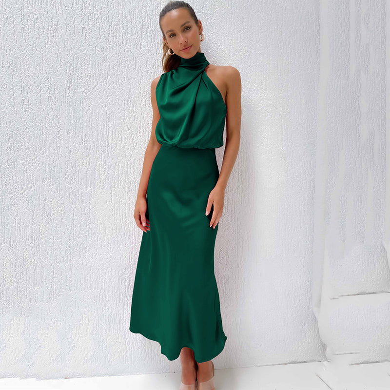 Halter neck formal dresses for women with a midi length and satin finish