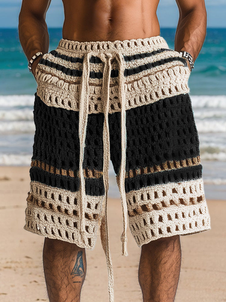 Mens shorts with crochet knit detail and drawstring waist