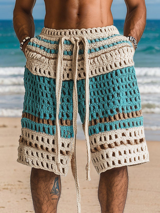 Mens shorts with crochet knit detail and drawstring waist