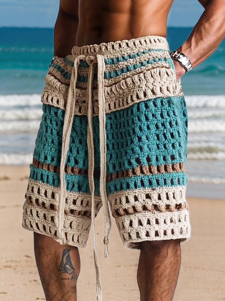 Mens shorts with crochet knit detail and drawstring waist