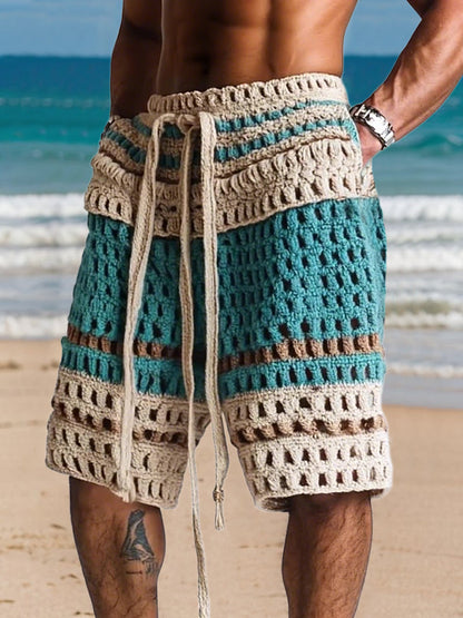 Mens shorts with crochet knit detail and drawstring waist