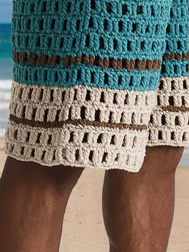 Mens shorts with crochet knit detail and drawstring waist