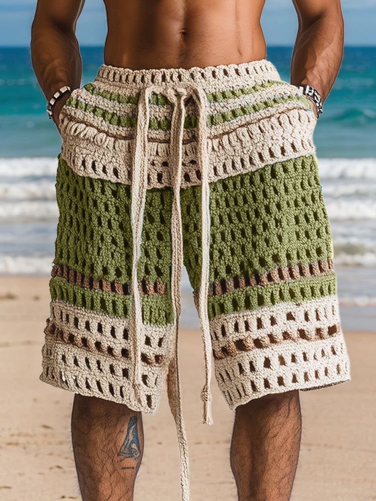 Mens shorts with crochet knit detail and drawstring waist