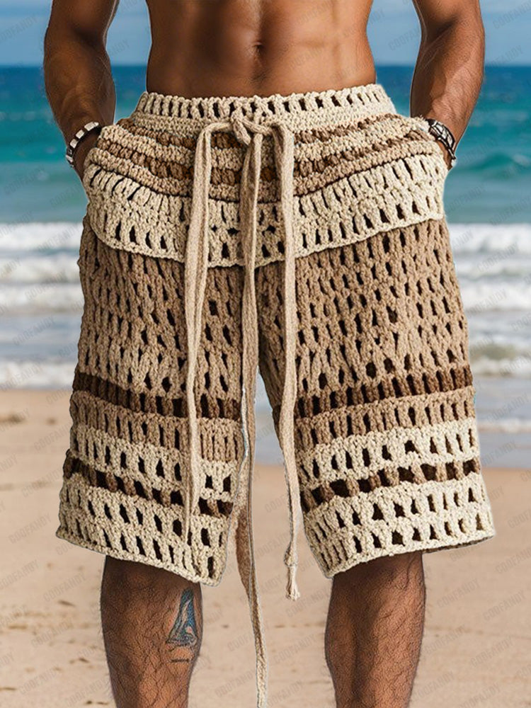 Mens shorts with crochet knit detail and drawstring waist