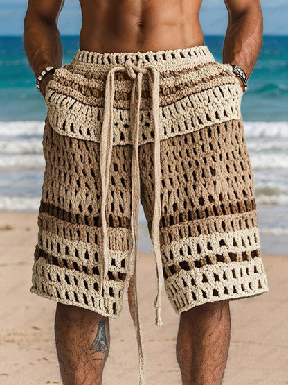 Mens shorts with crochet knit detail and drawstring waist