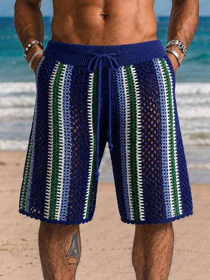 Mens shorts with crochet knit detail and drawstring waist
