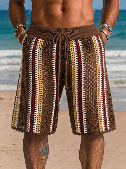 Mens shorts with crochet knit detail and drawstring waist