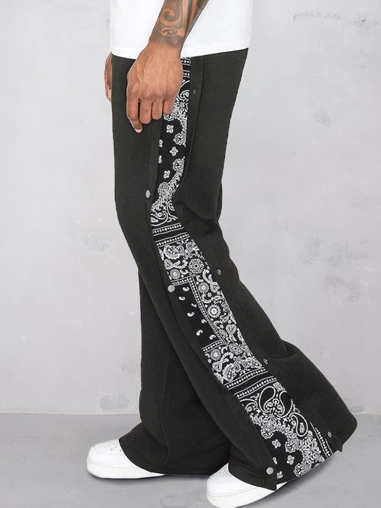 Flared track pants for men with paisley side panel and snap buttons